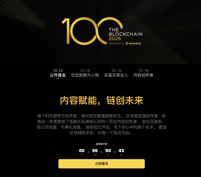 A promotional page for 'THE BLOCKCHAIN 100' presented by Binance, featuring Chinese text about content creators and a countdown timer ending in 5 days.