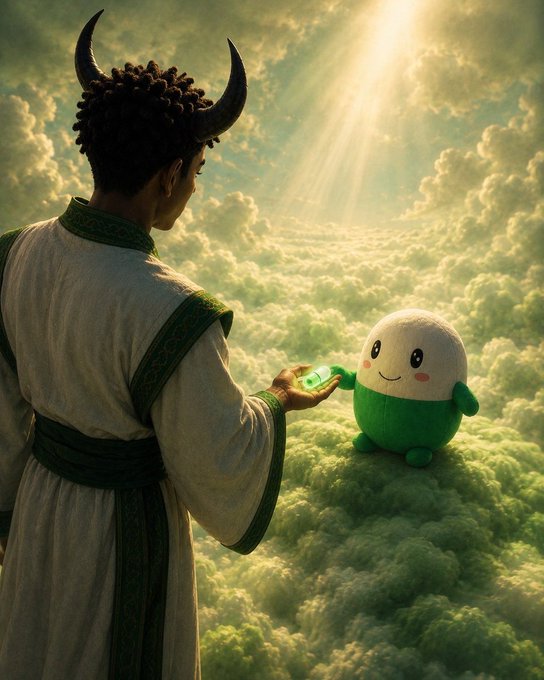A horned figure in white robes offers a glowing green orb to a cute green and white mascot in a heavenly cloudscape, symbolizing an offering or tribute to Cupsey, the beloved mascot of the PumpFun platform.

The image creatively represents the post's sentiment of devotion to $Cupsey, depicting an almost religious or spiritual gesture of devotion—offering a gift to the iconic PumpFun mascot in a celestial setting, mirroring the poster's "holding a serious position" and treating Cupsey as "the face of pumpfun."