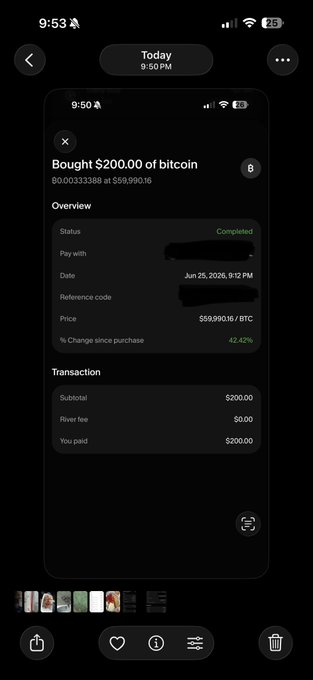 A screenshot of a mobile payment confirmation showing a completed purchase of $200.00 worth of bitcoin (0.00333388 BTC at $59,990.16), with personal details redacted.