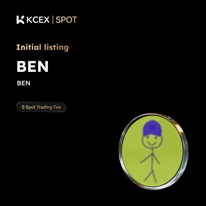 A KCEX Spot exchange announcement for an initial listing of the BEN token with 0 spot trading fee, featuring a circular logo with a stick figure wearing a purple cap.