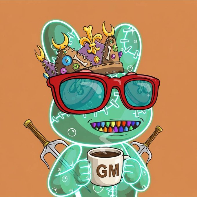 A cartoon stitched-up green bunny with a colorful stitched hat, red sunglasses, and skeleton hands holds a mug labeled "GM".