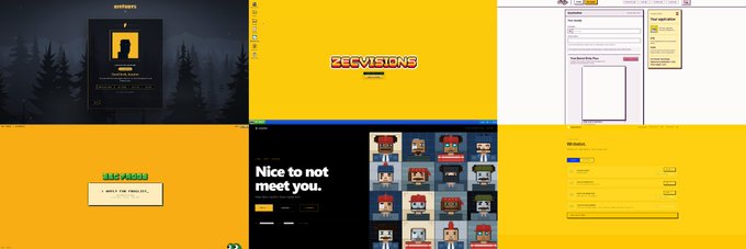 A collage of multiple web design screenshots showcasing various websites, predominantly featuring yellow and black color schemes, including an e-commerce site called 'cravings', a yellow page titled 'ZCVISIONS', a 'Nice to meet you' landing page, and an NFT marketplace interface.