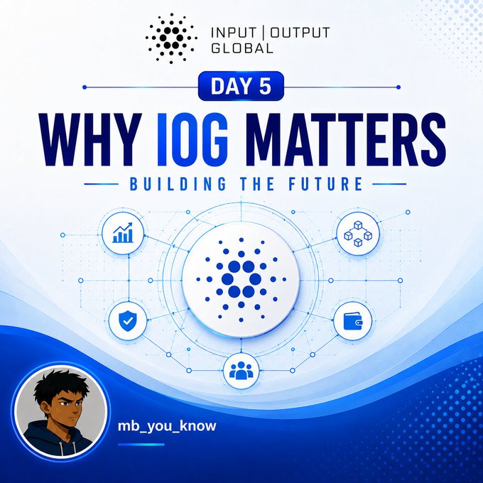 The image features a blue background with white text that reads "Why IOG Matters Why Is IOG Important to @Cardano?". The caption below the image explains that IOG has been crucial for Cardano's development, as evidenced by the various icons representing different aspects of the platform.