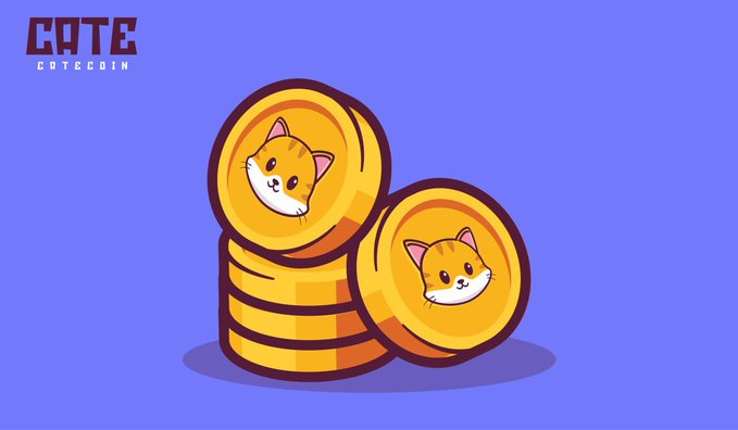 An illustration shows a stack of gold coins with a Shiba Inu dog face on them against a purple background, with the text 'CATE' and 'COTECOIN' in the upper left corner.