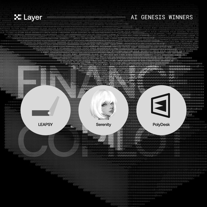An announcement graphic for 'AI GENESIS WINNERS' on Layer showcases three winners: LEAPSY, Serenity, and PolyDesk, displayed against a dark, pixelated 'FINALIST' background.