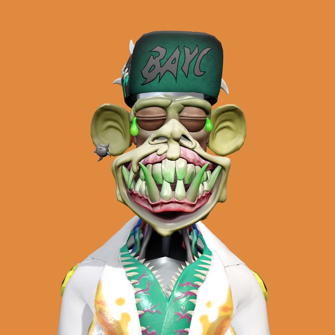 A 3D rendered NFT character with a menacing green grinning face, wearing a cap labeled 'BAYC' and a white jacket with green accents against an orange background.