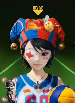 A 3D-rendered character wearing a colorful jester hat and a cross-pattern eye patch, with the word 'REVIVE' and an arrow displayed above her head.