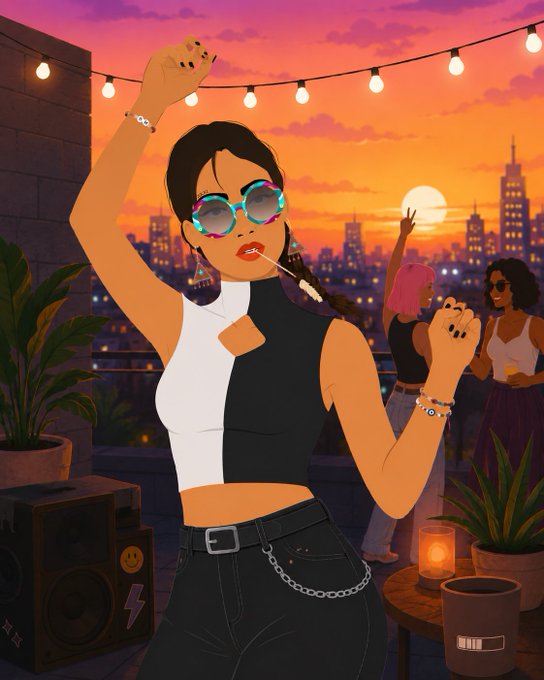 An illustrated scene of a stylish woman with colorful sunglasses and a black and white top dancing on a rooftop at sunset, with a city skyline and string lights in the background.