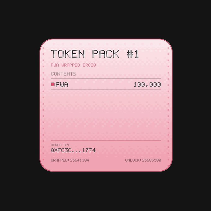 A pink pixelated "TOKEN PACK #1" NFT card displays 100.000 FWA tokens, owned by address 0xFC3c...1774, with wrap and unlock details visible. The card illustrates the newly enabled wrapping feature described in the post, showing the minimum 100,000 token requirement for depositing FWA into the pool.