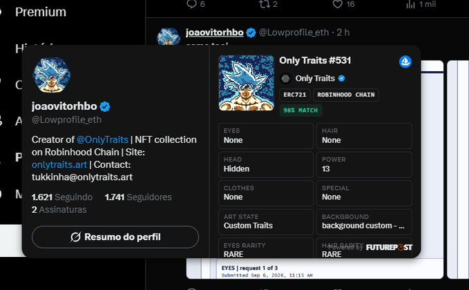 A Twitter/X profile overlay showing @Lowprofile_eth as the creator of the @OnlyTraits NFT collection on Robinhood Chain, displaying an "Only Traits #531" NFT card with a 98% match.