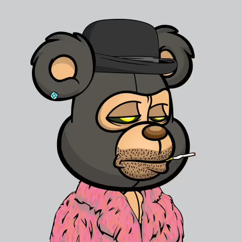 A cartoon illustration of a black bear character with a stubbly beard, wearing a small black hat, a diamond earring, a pink patterned robe, and smoking a cigarette.