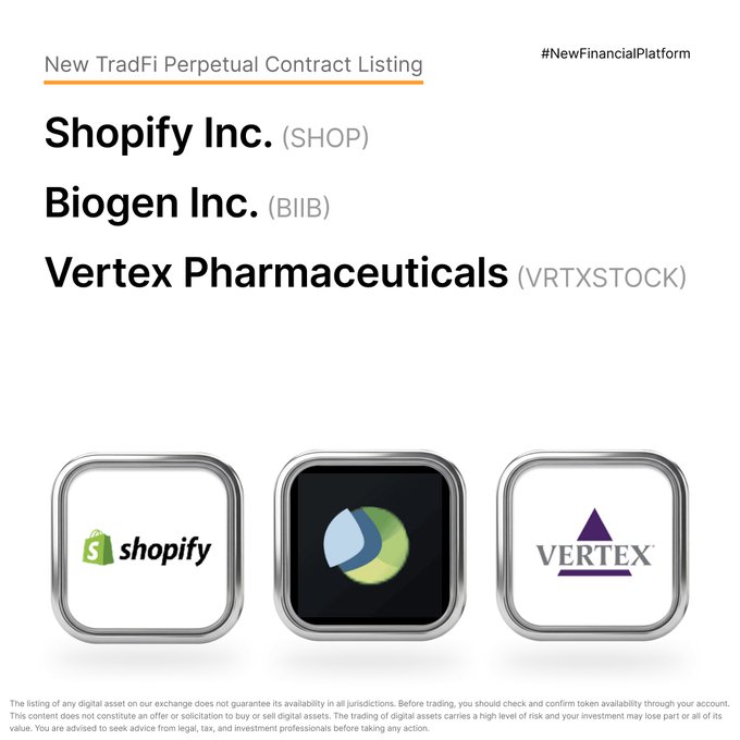 A promotional graphic from Bybit announcing the listing of new TradFi perpetual contracts for Shopify (SHOP), Biogen (BIIB), and Vertex Pharmaceuticals (VRTXSTOCK), featuring their respective company logos in square frames. The image aligns with the post's announcement that $SHOPUSDT, $BIIBUSDT, and $VRTXSTOCKUSDT contracts are now available for trading.