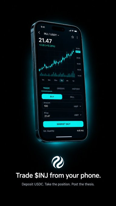 A mobile trading app screenshot showing INJ/USDT at $21.47 with a +2.05 (+12.29%) gain, displaying a price chart and trade interface with a BUY/SELL option, accompanied by the text "Trade $INJ from your phone."