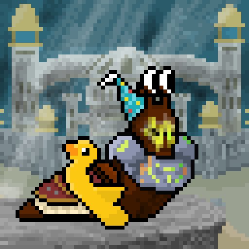 A pixel art image depicting a King Koopa-like character riding a yellow dinosaur in a stone castle setting, resembling the Super Mario World title screen.