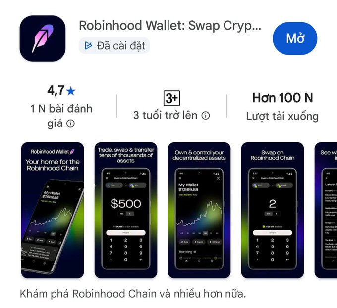 An app store listing page for 'Robinhood Wallet: Swap Cryp...' with a 4.7 star rating, age rating '3+', and screenshots showcasing features like 'Your home for the Robinhood Chain' and swapping decentralized assets.