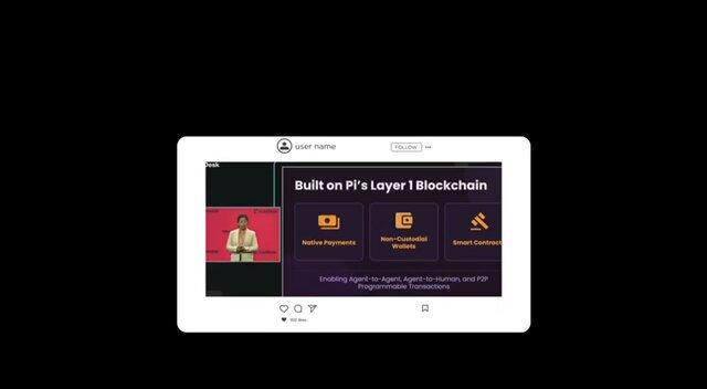 The image shows a computer screen displaying a video call with a person's face visible, along with text that reads "Built on Pi Layer Blockchain". The background of the image is black, which contrasts with the white frame around the video call. The caption below the image provides context about the content displayed and mentions an interesting conversation between Pi and another individual regarding AI utility instead of token narratives.