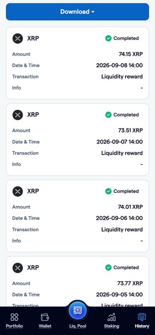 A mobile screenshot displays a transaction history from the FortisX Liquidity Pool, showing four completed XRP liquidity rewards: 74.15 XRP on 2026-09-08, 73.51 XRP on 2026-09-07, 74.01 XRP on 2026-09-06, and 73.77 XRP on 2026-09-05, visually matching the four rewards highlighted in the post.