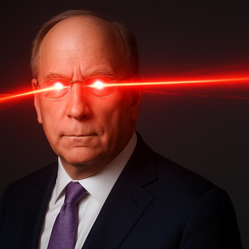 The image shows a digitally altered portrait of a man in a dark suit and purple tie with glowing red laser beams shooting from his eyes. The "laser eyes" effect visually amplifies the post's message about Larry Fink's strongly bullish 12-month market outlook, symbolizing intense, laser-focused optimism on Bitcoin, crypto, and broader markets.