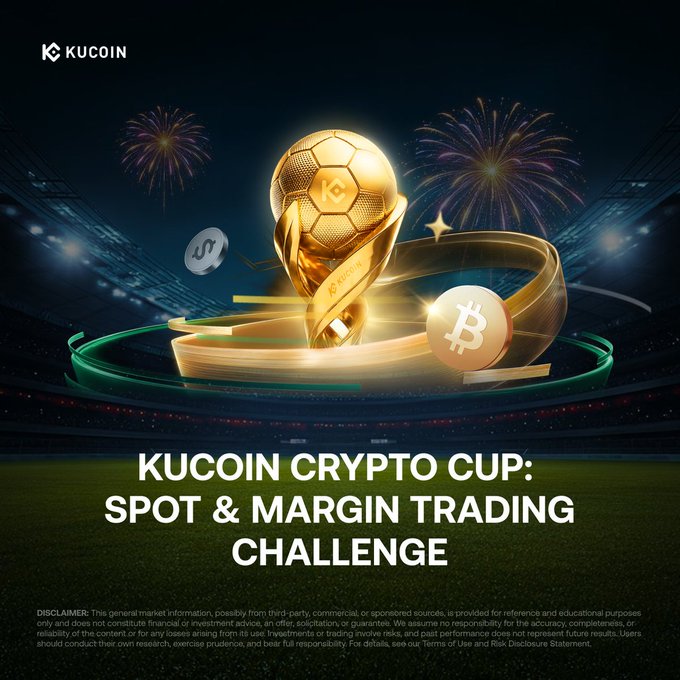 The image features a soccer ball with a trophy inside of a stadium setting. The text above the image reads "Kucin Crypt Cup Spot & Margin Trading Challenge". This challenge involves using cryptocurrency trading strategies, such as spot and margin trading, to accumulate volume for winning tickets or maximizing margin interest.