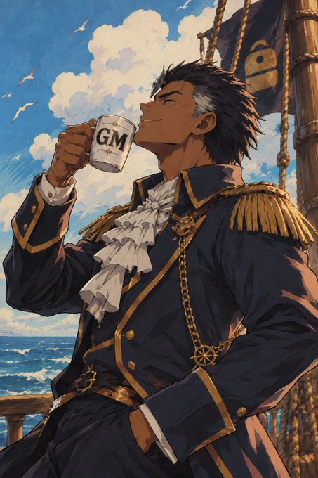 An anime-style illustration of a man in an ornate naval uniform with gold epaulettes, drinking from a mug labeled "GM" on a ship deck with the ocean and sky behind him.