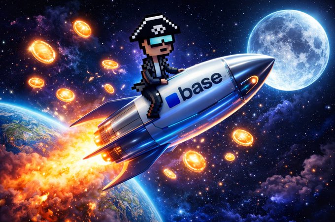 The image features a cartoon character wearing glasses riding a rocket ship through space with a large moon behind them. The caption of the image reads "@base as an L2! The thing is that I feel the market isn't capturing the magnitude of what they are building. It'S not only about scaling users, Base is building for AI Agents. MCP, agent wallet, stablecoin payments, onchain settlement, developer".
