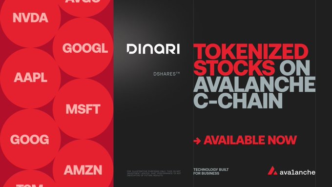 The image features a poster with red circles containing various words such as "dShares", "AMZN", "GOOGL", "MSFT", and "AMZN". The poster also includes text that reads, "TOKENIZED STOCKS ON AVALANCHE C-CHAIN" and "AVALANCHE FOR BUSINESSES". The poster is promoting a new cryptocurrency called Avalanche C-Chain.
