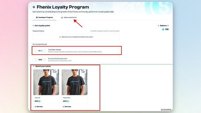 Screenshot of the 'Fhenix Loyalty Program' showing a balance of 110 points, with red boxes highlighting actions to 'Tip Builder Wesley' for 0 points and to spend 400 or 600 points on Fhenix branded t-shirts.