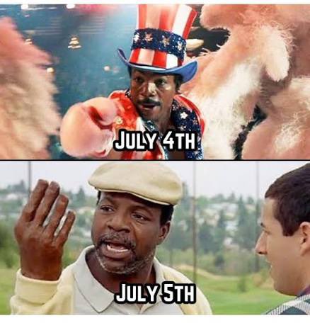 A two-panel meme featuring Apollo Creed in an Uncle Sam costume pointing at the camera labeled 'JULY 4TH' on top, and a man in a flat cap labeled 'JULY 5TH' on the bottom.
