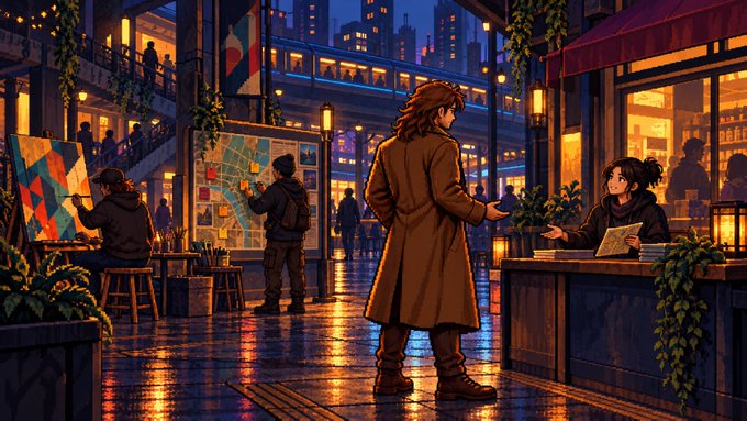 A stylized anime/illustration artwork of a nighttime street scene featuring a person in a brown trench coat standing near a vendor, while another figure works at an easel with art supplies nearby, set against an illuminated urban backdrop.