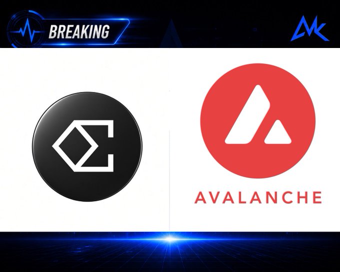 A news-style graphic displays logos for two cryptocurrencies—a black circular logo with a 'C' and the red Avalanche triangle logo—with the word 'BREAKING' in the top banner.
