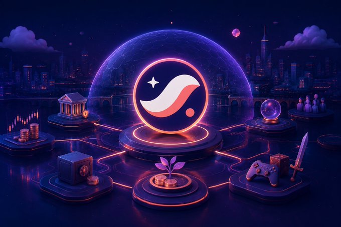 A digital illustration featuring a glowing wave logo icon in a dome over a purple-lit city, surrounded by platforms with items like coins, a safe, a plant, a game controller, and a sword.