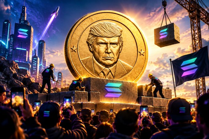The image depicts a large golden coin bearing Donald Trump's likeness being constructed by workers on a stone pedestal, with the Solana logo prominently displayed and a cheering crowd below holding up phones. The accompanying post about "$OTC" (likely an OTC crypto token) ties into the visual narrative of a new cryptocurrency foundation being laid, with Trump's memecoin culture and the Solana blockchain symbol suggesting this is tied to a politically-themed Solana-based token launch.
