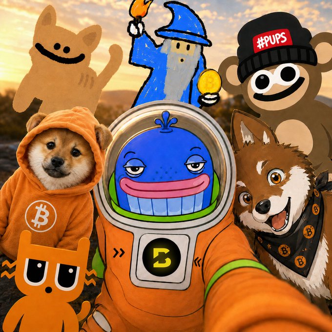 An AI-generated image featuring a Shiba Inu dog in a Bitcoin logo hoodie, a fox with a Bitcoin bandana, and an astronaut character surrounded by various crypto meme characters including Popcat, Cheems, and PUPS bear.