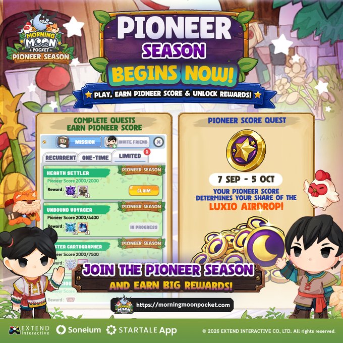 A promotional banner for 'Morning Moon Pocket: Pioneer Season' game event running from September 7 to October 5, featuring quests and Luxio airdrop rewards, with credits to Soneium and STARTale App.