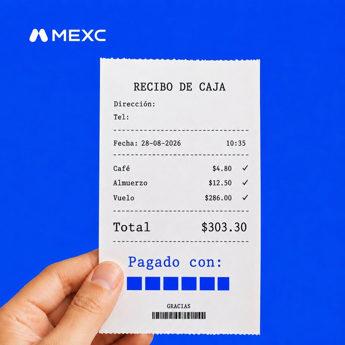 A hand holding a receipt labeled 'RECIBO DE CAJA' with items including Café ($4.80), Almuerzo ($12.50), and Vuelo ($286.00), totaling $303.30, branded with the MEXC logo.