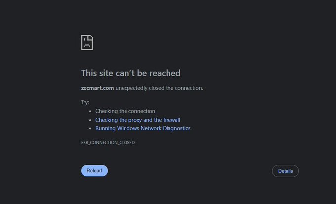 Screenshot of a browser error page showing 'This site can't be reached' for zecmart.com, displaying error code ERR_CONNECTION_CLOSED.