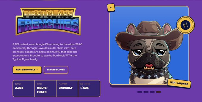 A promotional webpage for 'FirstClass Frenchies' NFT collection, featuring a cartoon French Bulldog wearing a cowboy hat, with a supply of 2,222, multi-chain platform Unvault, and a price of $25.