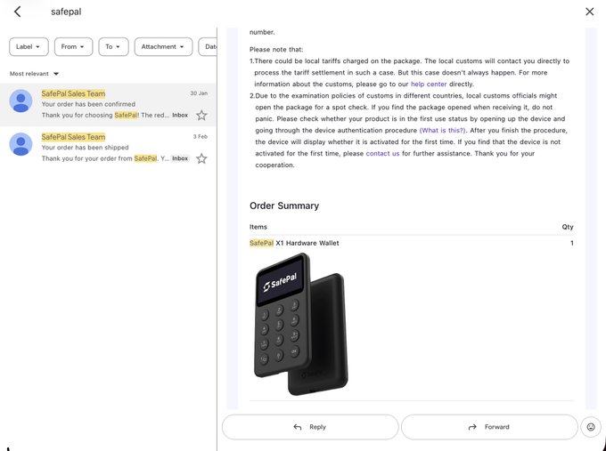 Email screenshot from SafePal Sales Team showing an order confirmation for a SafePal X1 Hardware Wallet, with order summary displaying the black device.