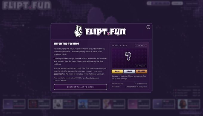 A landing page for Flipt.fun's "Enter the Testnet" campaign featuring a "Connect Wallet to Enter" button, where participants can claim a Phase B NFT to secure their spot on the testnet that runs for 48 hours with a $500,000 USDC prize pool. The page details that the final rankings won't include court profits and references "fleekHQ.id" rankings, tying directly to the post's call-to-action to secure a testnet spot on Flipt.fun.