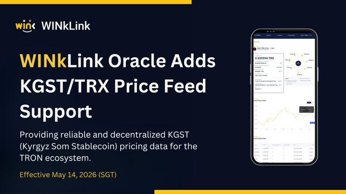 𝗡𝗲𝘂 𝗦𝗻𝗸 𝗣𝗰𝗲 𝗡𝗲 𝗱𝗲, a company that focuses on cryptocurrency support services for KGST/TRX pairs and other stablecoins. The image features the WinkLink Oracle Addds feature and a cell phone displaying a price chart to show that it now supports this specific price pair. The post mentions an effective May 14th at 6:00 PM, which is likely when the supporting price chart for KGST/TRX pairs was shared with the public.