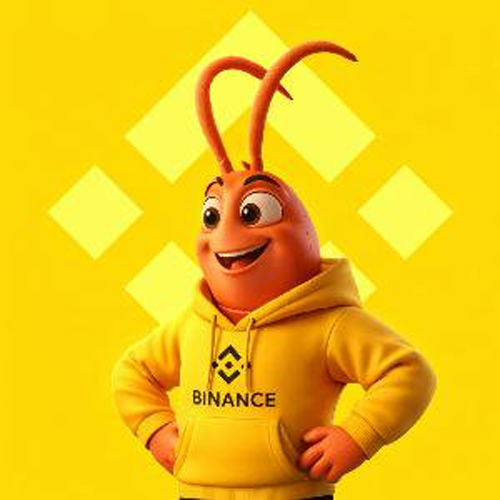 An animated orange character with antennae wearing a yellow hoodie featuring the Binance logo, standing against a yellow background with diamond shapes.