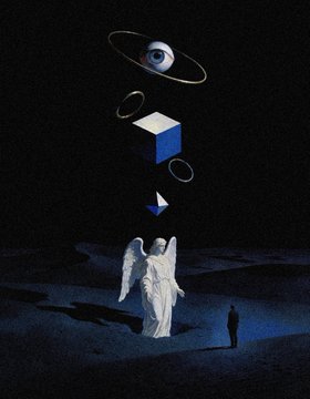 A surreal dark scene shows a winged white figure facing a small human silhouette while an eye, geometric shapes, rings, and a butterfly-like form float above them.