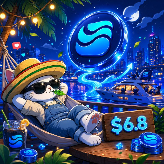 The image features a cartoon cat wearing sunglasses, lounging in a hammock by a body of water with boats nearby. The scene also includes various objects such as a sign that says "6.8" and some coins scattered around. The image is related to the post because it showcases an illustration or artwork depicting a relaxing beach setting, which could be interpreted as a representation of the cryptocurrency world's appeal for those who enjoy spending time by the water with their investments.