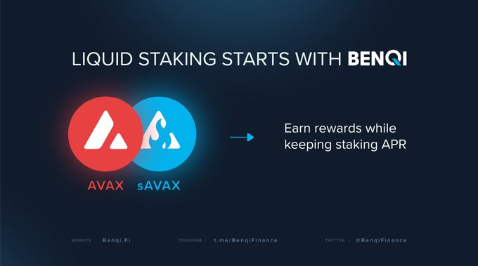 A Benqi Finance advertisement reads 'LIQUID STAKING STARTS WITH BENQI' showing AVAX and sAVAX logos with the tagline 'Earn rewards while keeping staking APR'.