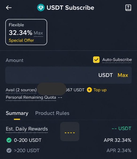 The image shows a Binance "USDT Subscribe" page highlighting a Flexible Simple Earn product with a 32.34% Max Special Offer, where the first 0-200 USDT earns an APR of 32.34% and any amount over 200 USDT drops to 2.34% APR. The post's description of a "30% bonus APR starter offer for new users on USDT Flexible" corresponds to the boosted APR shown for the first 200 USDT tier, illustrating the limited promotional rate before it steps down to the standard long-term yield.