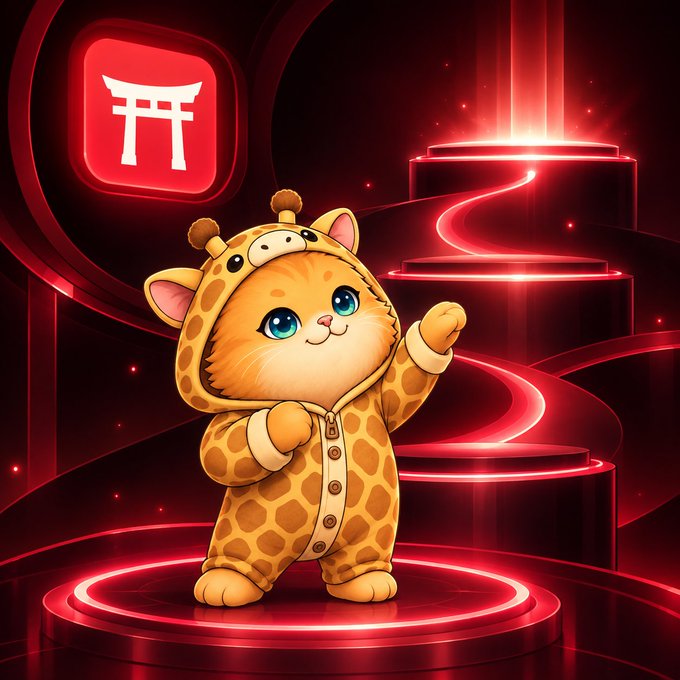 A cute illustrated orange cat character wearing a giraffe-patterned hooded onesie, standing on a red circular platform with a red Torii gate icon displayed in the upper left corner.