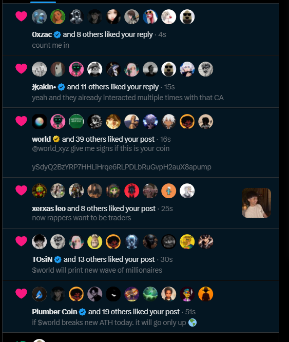 Screenshot of Twitter/X notifications showing several engagement interactions on a post about the cryptocurrency "$world," with users like 0xzac, kakin, world.xyz, TOSIN, and Plumber Coin liking and commenting, expressing bullish sentiment such as "count me in," "now rappers want to be traders," "$world will print new wave of millionaires," and "if $world breaks new ATH today, it will go only up." The image supports the post by showing strong community engagement and excitement as September 9th approaches.