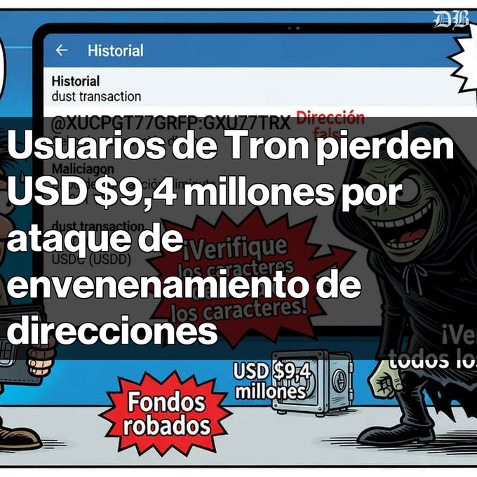 A news graphic with Spanish text reading "Usuarios de Tron pierden USD $9,4 millones por ataque de envenenamiento de direcciones" and "Fondos robados" alongside a cartoon hacker and a safe.