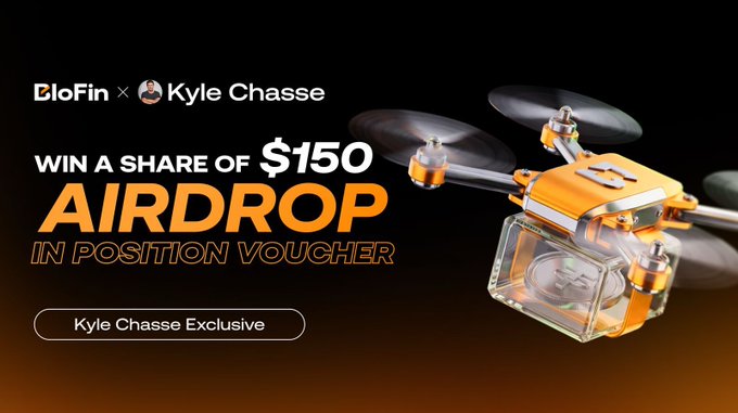 A promotional banner for a BloFin x Kyle Chasse airdrop offering a share of $150 in position vouchers, featuring a 3D illustration of a drone delivering a glowing capsule against a black and orange background, with a "Kyle Chasse Exclusive" label below—visually representing the airdrop delivery concept highlighted in the accompanying post about new user bonuses and futures deposit incentives.