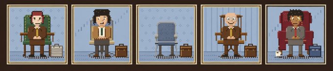 A pixel art image showing five framed portraits of characters waiting in chairs, including one empty chair, with suitcases beside them.
